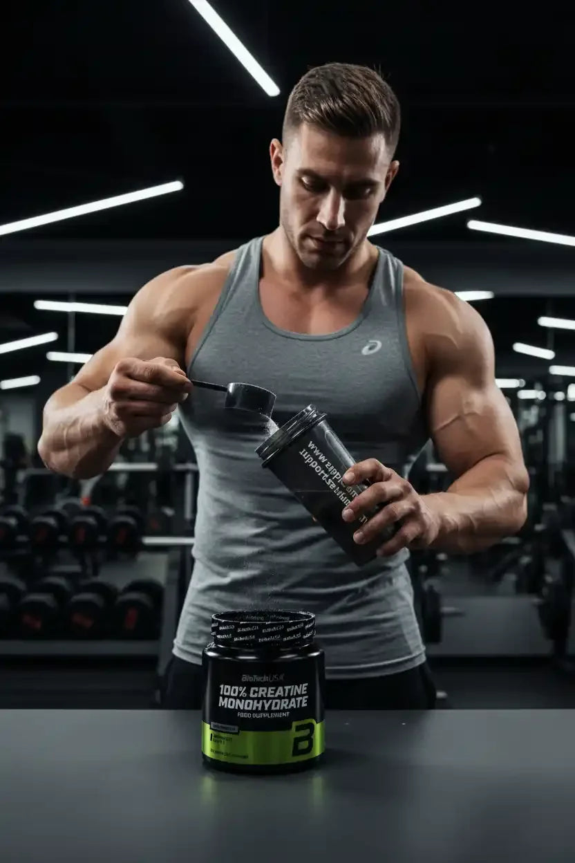 Muskulöser Sportler misst Creatin Monohydrat Pulver in einem Fitnessstudio ab.