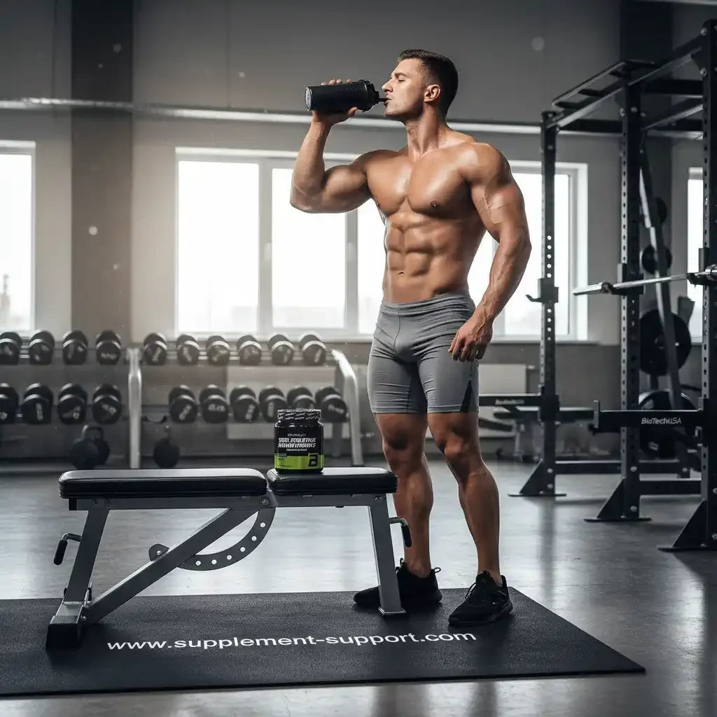 Muskulöser Mann trinkt Supplement aus einer Flasche im Fitnessstudio.