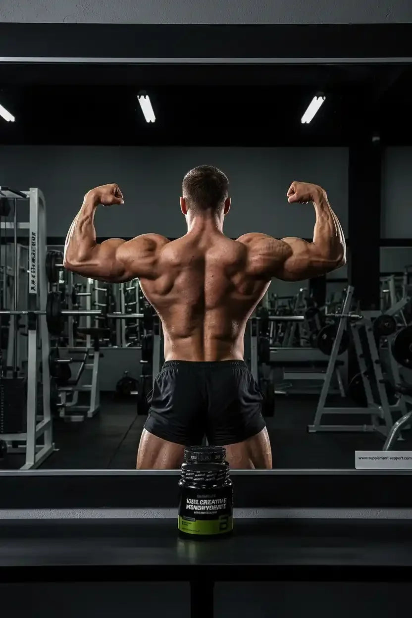 Muskulöser Mann zeigt Rückenmuskulatur im Fitnessstudio mit Kreatin-Supplement.