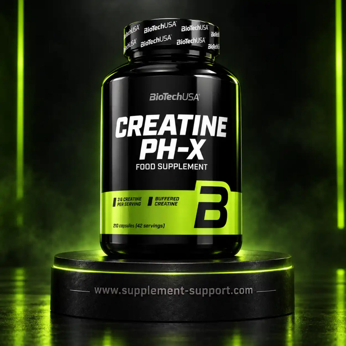 BioTech USA Creatine PH-X Nahrungsergänzungsmittel in einer schwarzen Dose mit 210 Kapseln.