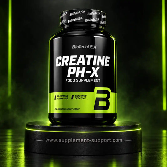 BioTech USA Creatine PH-X Nahrungsergänzungsmittel in einer schwarzen Dose mit 210 Kapseln.