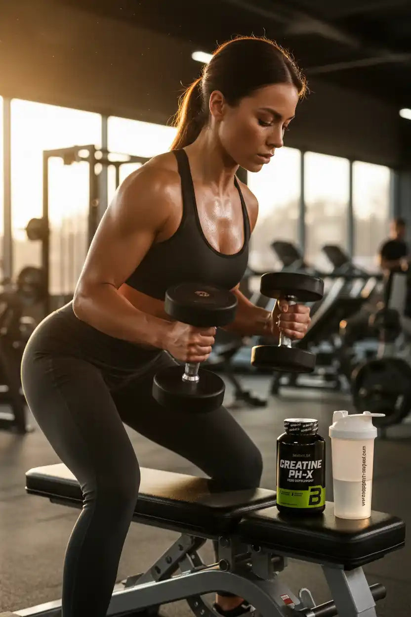 Frau trainiert mit Hanteln im Fitnessstudio neben Creatine PH-X und Shaker für Sportnahrung und Muskelaufbau