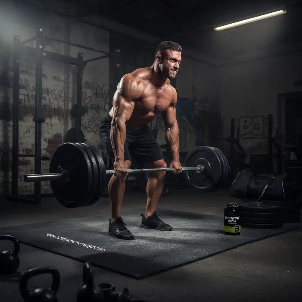 Muskulöser Athlet beim Gewichtheben mit Creatine-Flasche im Fitnessstudio, ideal für Sportler und Fitness-Enthusiasten