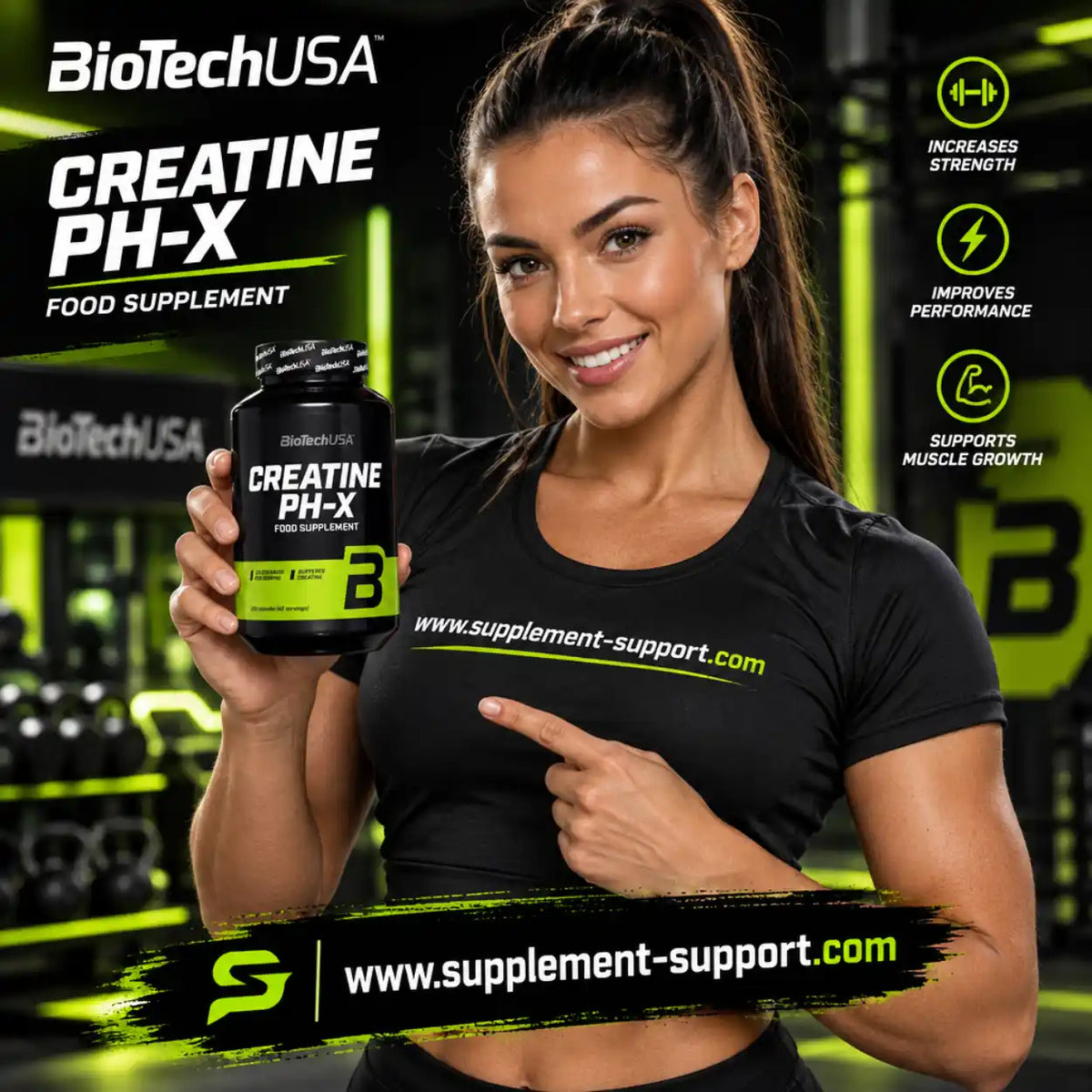 Frau hält BioTech USA Creatine PH-X Kapseln im Fitnessstudio zur Steigerung der Muskelkraft.