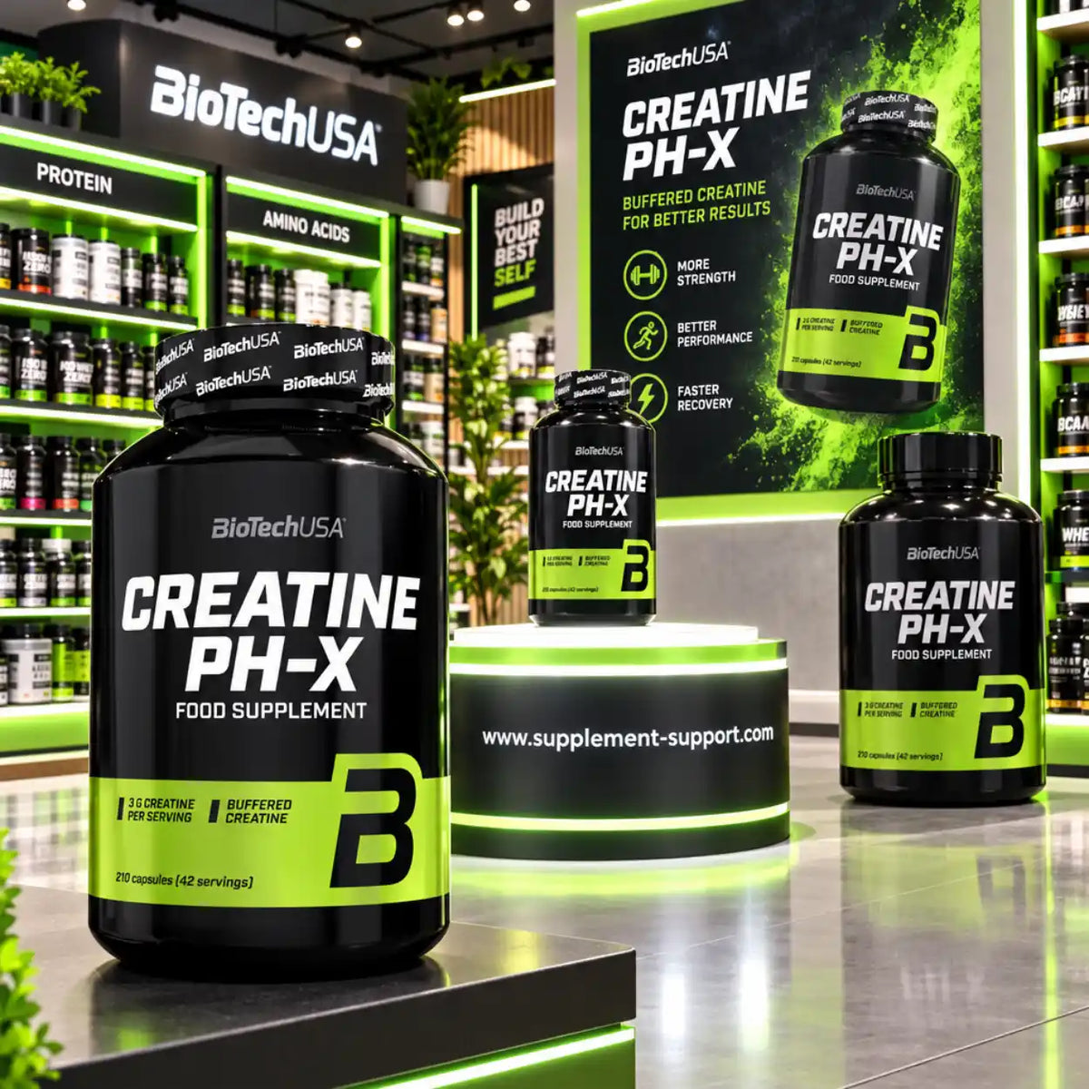 BioTech USA Creatine PH-X Nahrungsergänzungskapseln in einem modernen Supplement-Store.