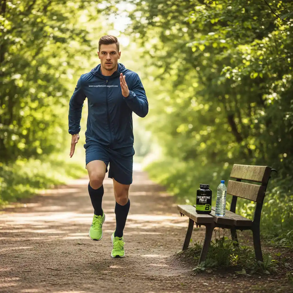 Athlet beim Laufen im Wald mit Kreatin-Flasche und Wasserflasche auf Bank – Sportnahrung & Fitness