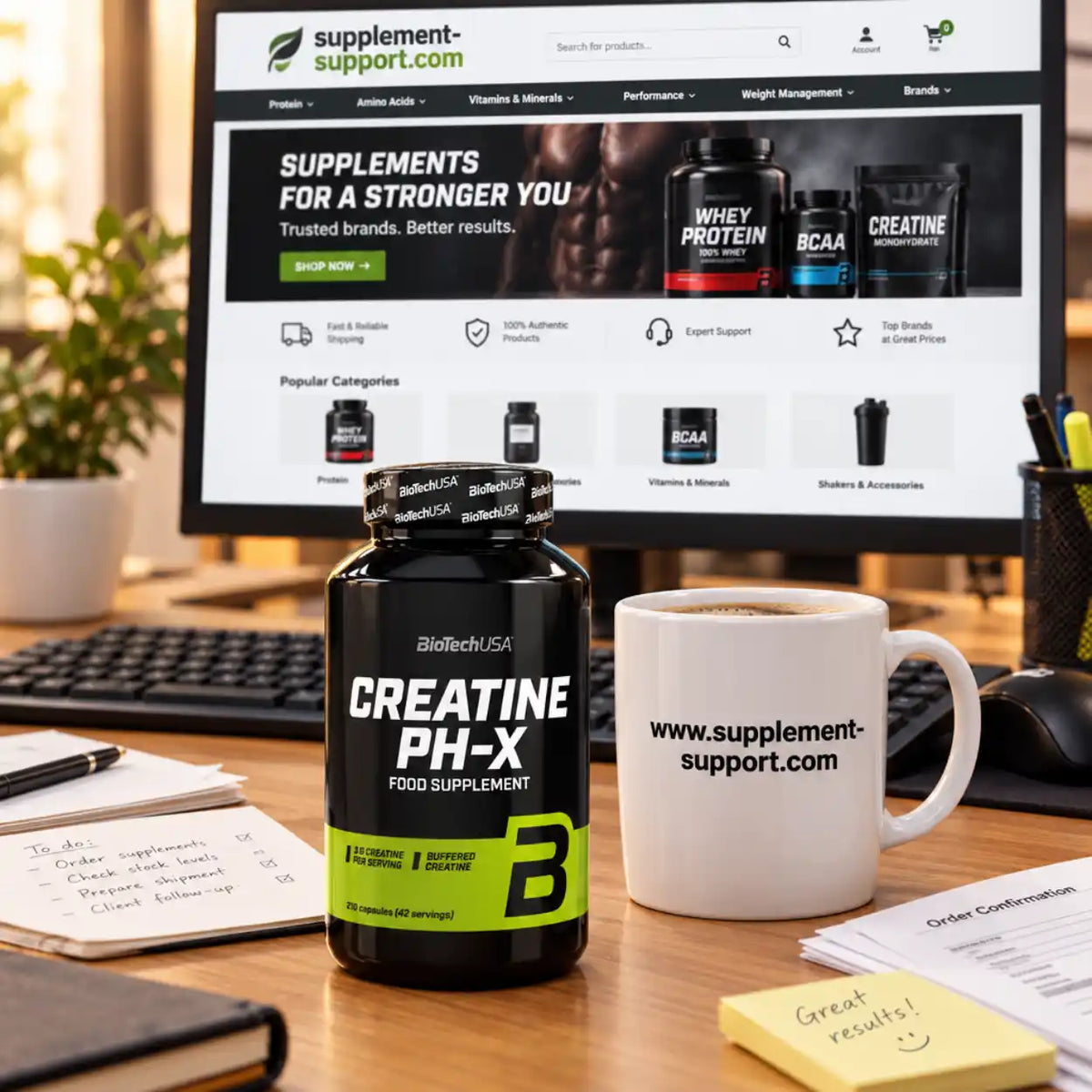 BioTech USA Creatine PH-X Nahrungsergänzungskapseln auf einem Schreibtisch vor einem Monitor.