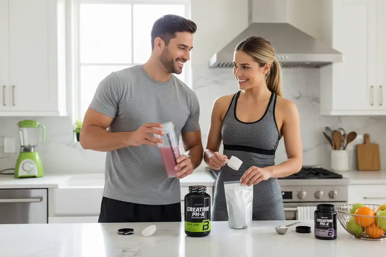 Mann und Frau bereiten Sportnahrung mit Creatine PN-X in moderner Küche vor