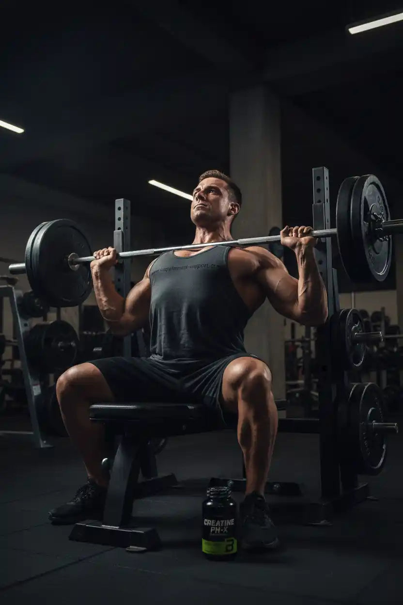 Muskulöser Mann beim Bankdrücken mit Creatine PH-X im Fitnessstudio
