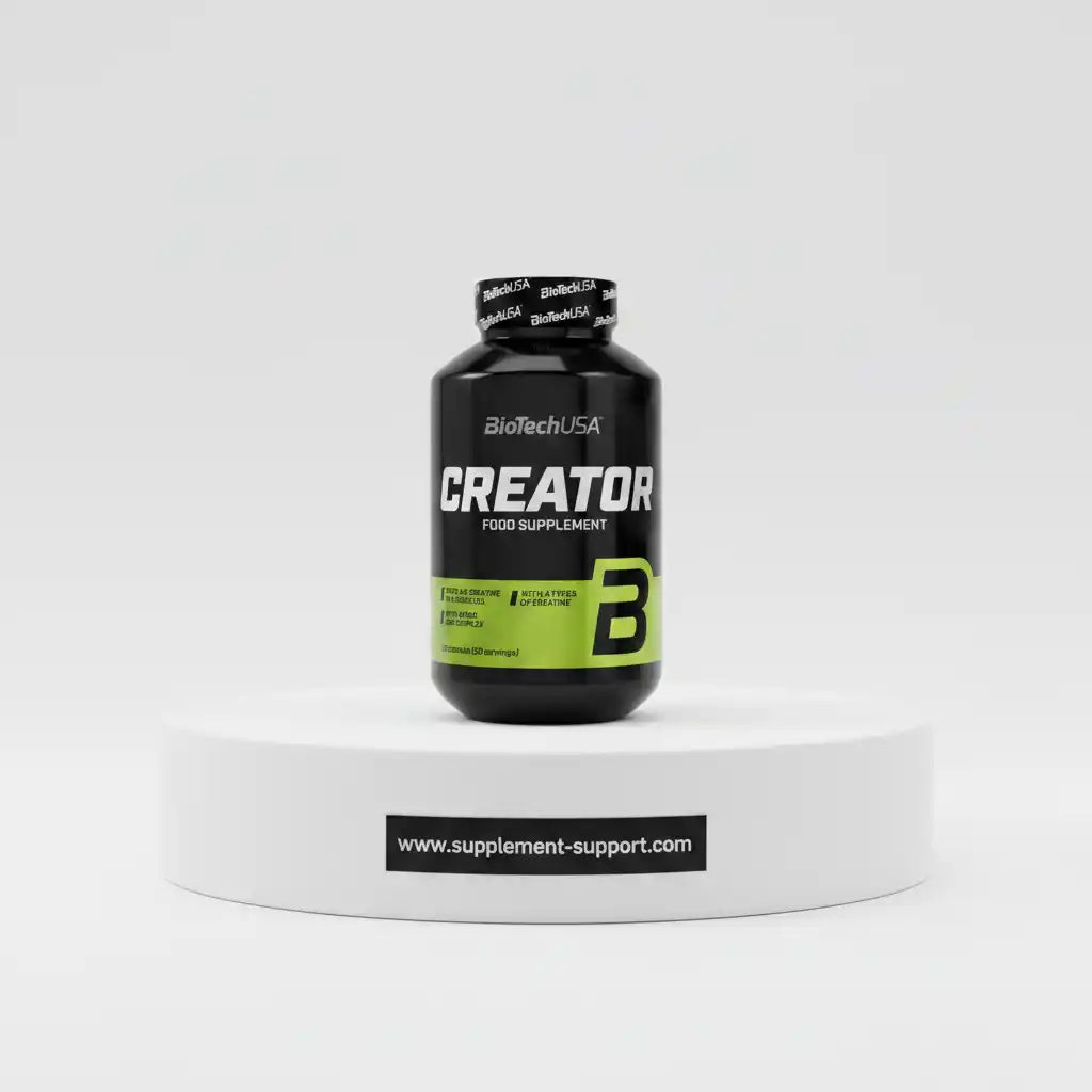 BioTechUSA Creator Kreatin-Booster, Nahrungsergänzung für Sportler, grün-schwarze Flasche auf Podest