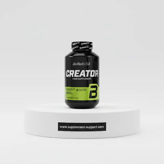 BioTechUSA Creator Kreatin-Booster, Nahrungsergänzung für Sportler, grün-schwarze Flasche auf Podest
