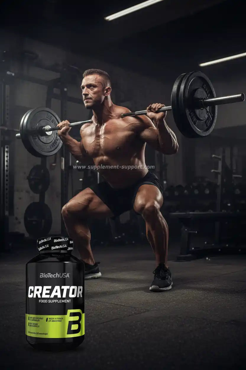 Muskulöser Mann beim Gewichtheben mit BioTechUSA Creator Nahrungsergänzung im Fitnessstudio