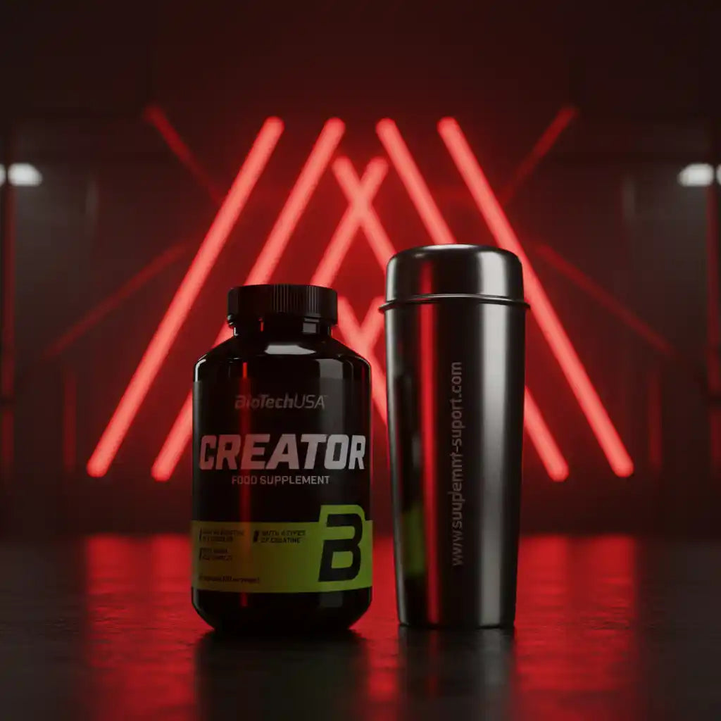 BioTechUSA Creator Nahrungsergänzung mit Shaker vor rotem Neonlicht