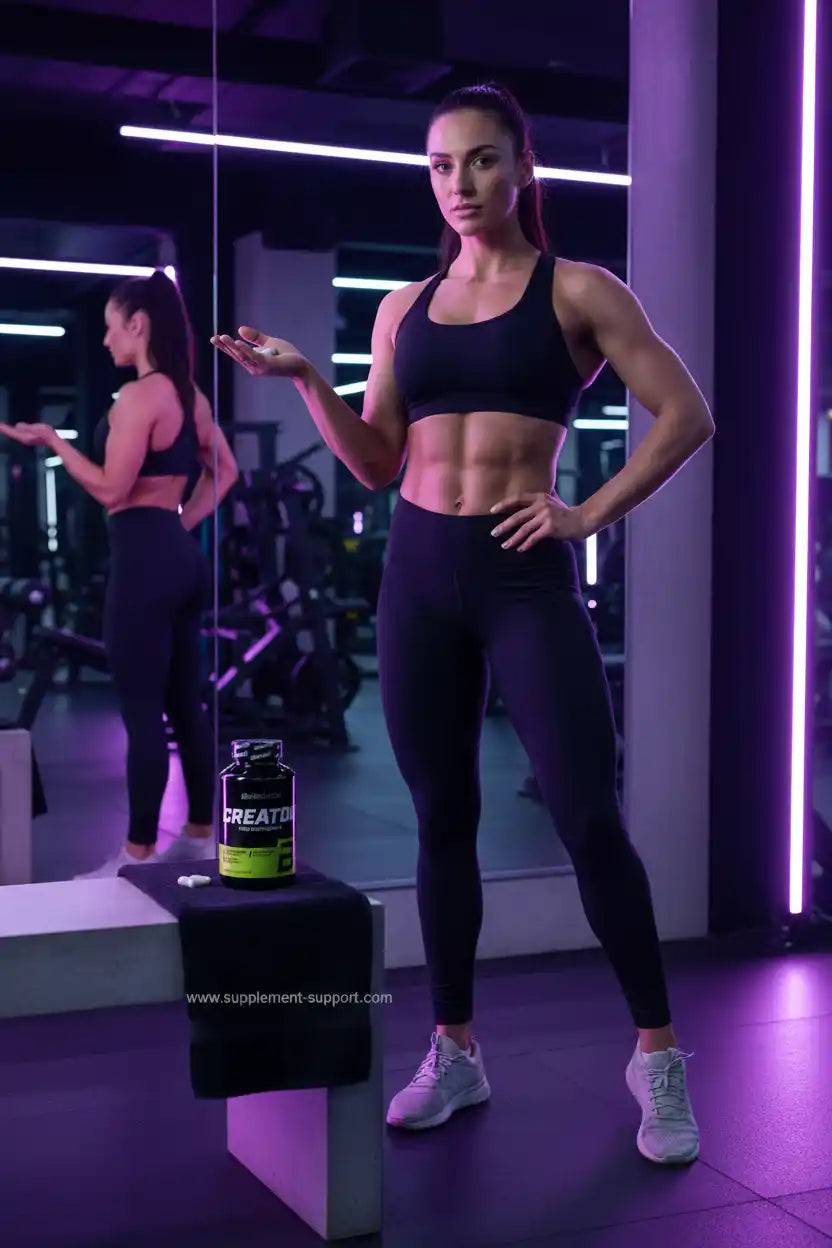 Sportliche Frau mit Kreatin-Tabletten im Fitnessstudio, Nahrungsergänzung für Muskelaufbau und Training