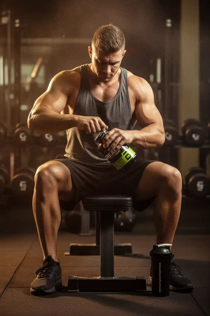Muskulöser Mann im Fitnessstudio mit Nahrungsergänzungsmittel