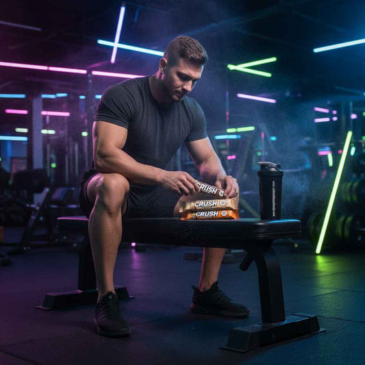 Muskulöser Mann im Fitnessstudio mit CRUSH Proteinriegeln und Shaker
