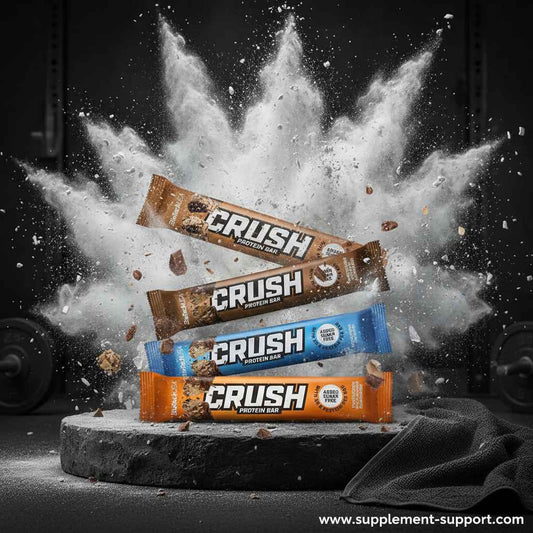 CRUSH Protein Riegel in verschiedenen Geschmacksrichtungen vor explosiver Pulverwolke im Fitness-Setting