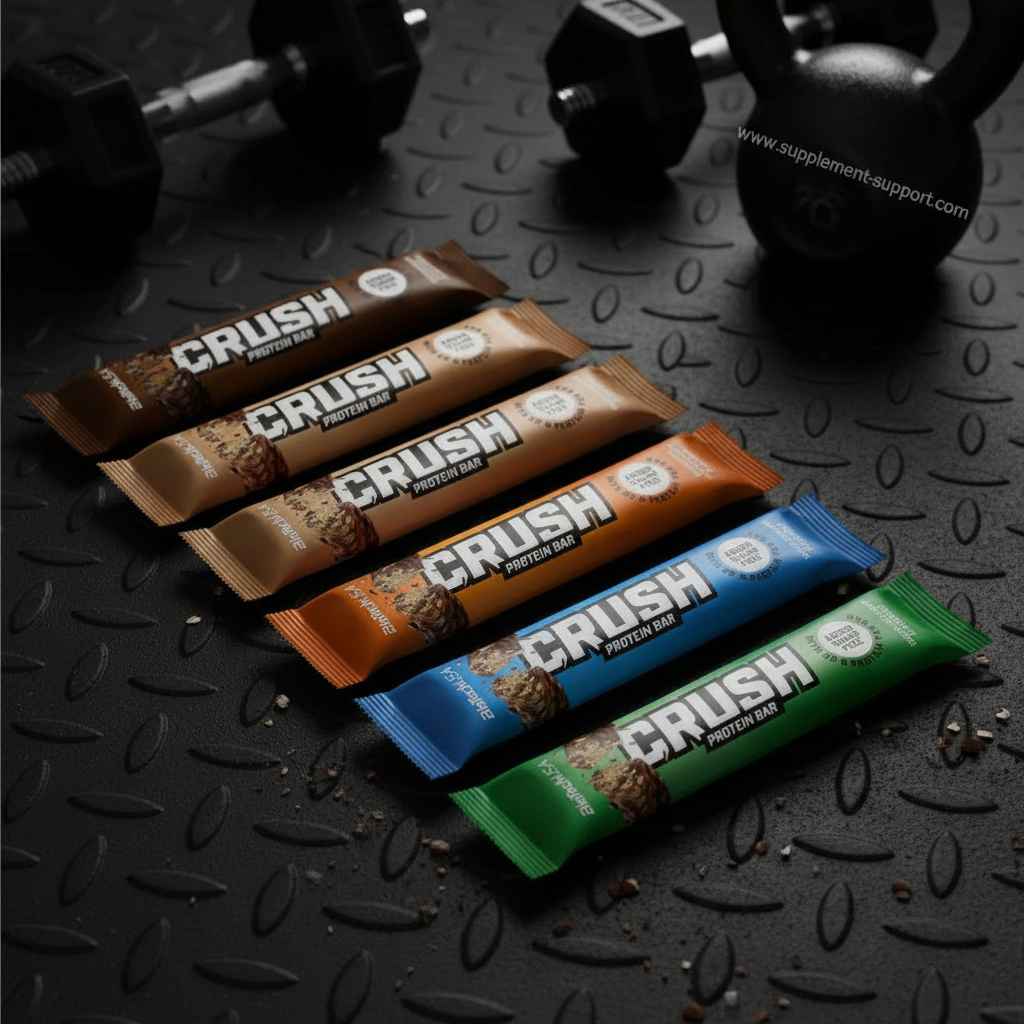 CRUSH Protein Riegel in verschiedenen Geschmacksrichtungen auf Fitness-Matte mit Hanteln