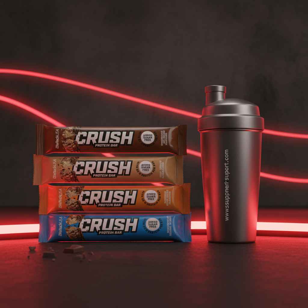 CRUSH Protein Bars und Shaker für Sportler, zuckerfrei, ideal für Fitness und Training
