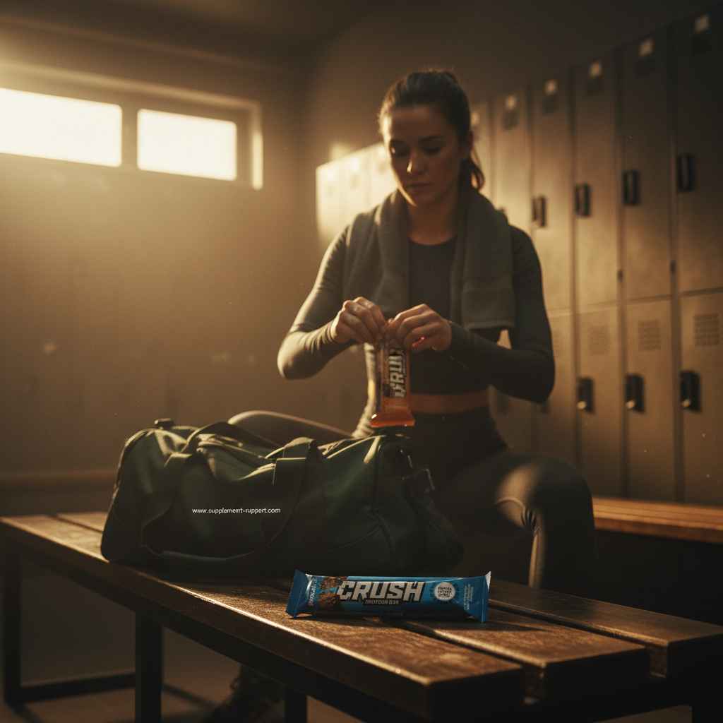 Frau in Umkleidekabine öffnet Proteinriegel, Sportnahrung für Fitness und Training