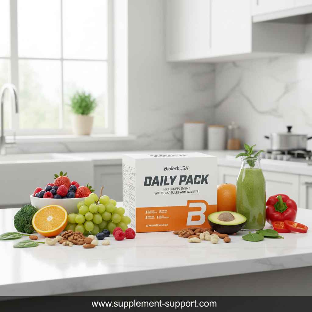 BioTechUSA Daily Pack Nahrungsergänzung mit Früchten und Nüssen in moderner Küche