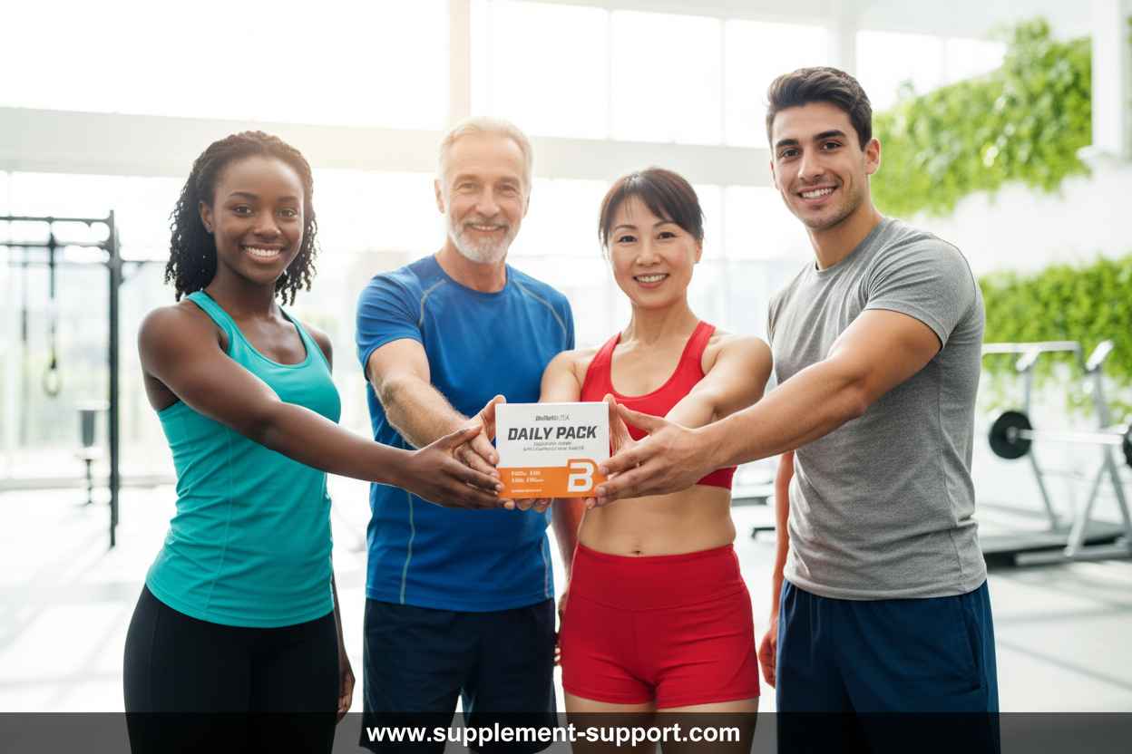 Gruppe mit Daily Pack Nahrungsergänzung im Fitnessstudio – ideal für Sportler & Fitness-Enthusiasten