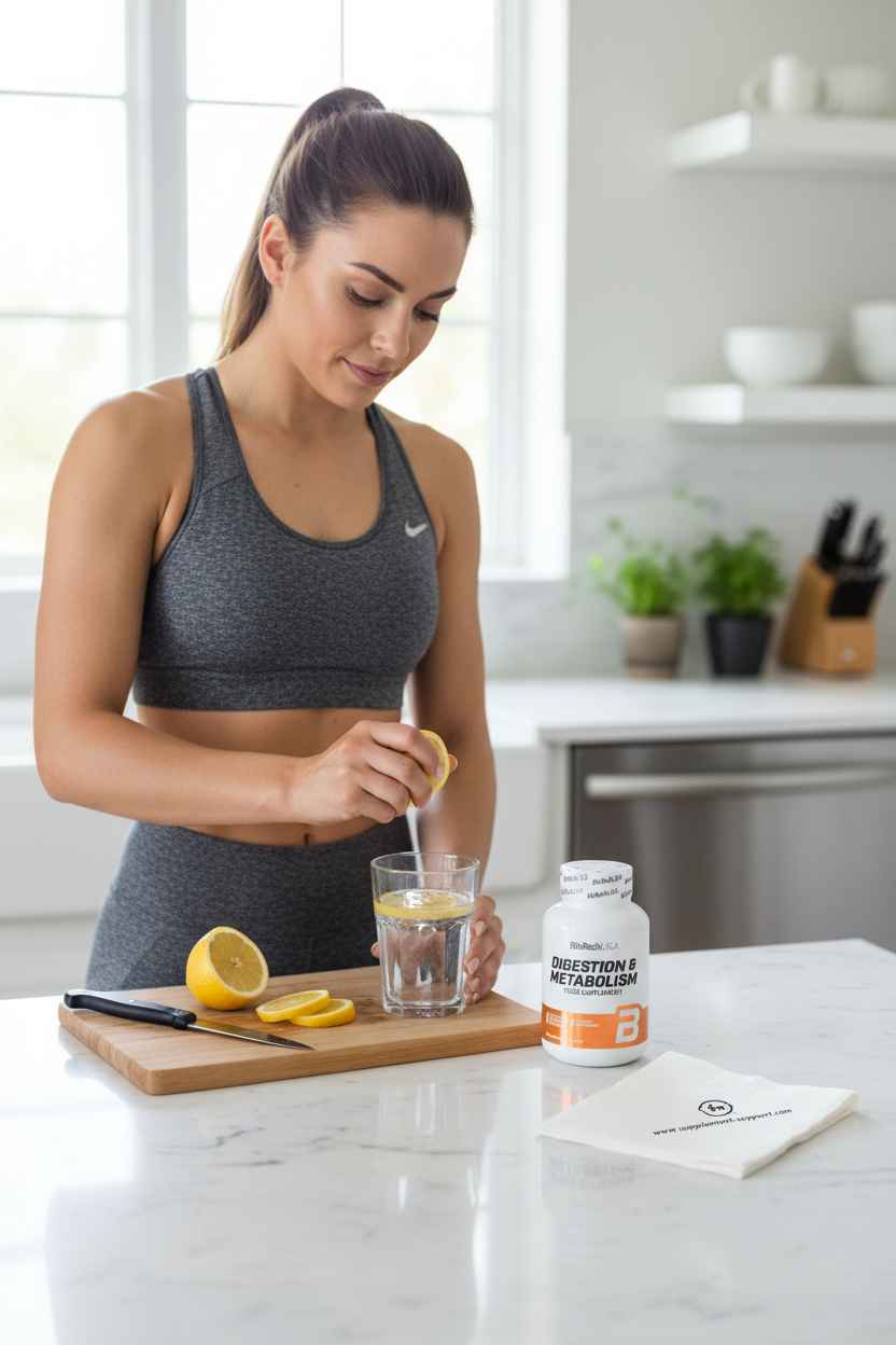 Frau in Sportkleidung gibt Zitrone in Wasser neben Digestion & Metabolism Nahrungsergänzung.