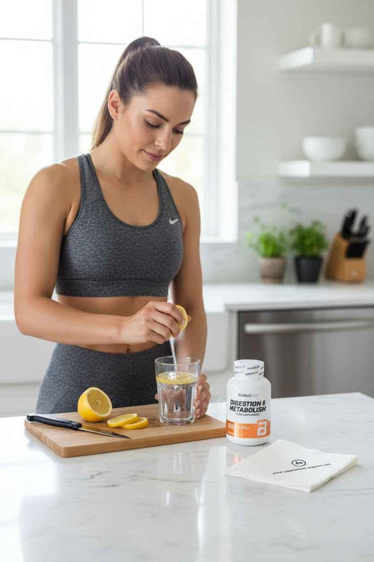 Frau in Sportkleidung gibt Zitrone in Wasser neben Digestion & Metabolism Nahrungsergänzung.