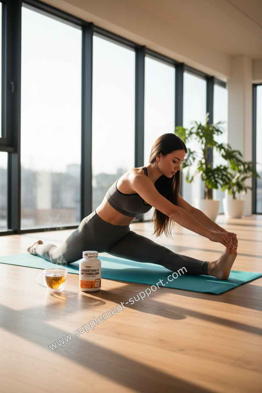 Frau macht Yoga-Dehnübungen auf einer Matte neben einer Dose Nahrungsergänzungsmittel und Tee.