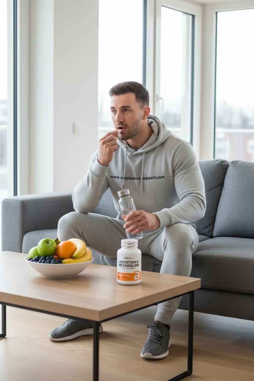 Sportler im grauen Hoodie nimmt Nahrungsergänzungsmittel für Verdauung und Stoffwechsel ein.
