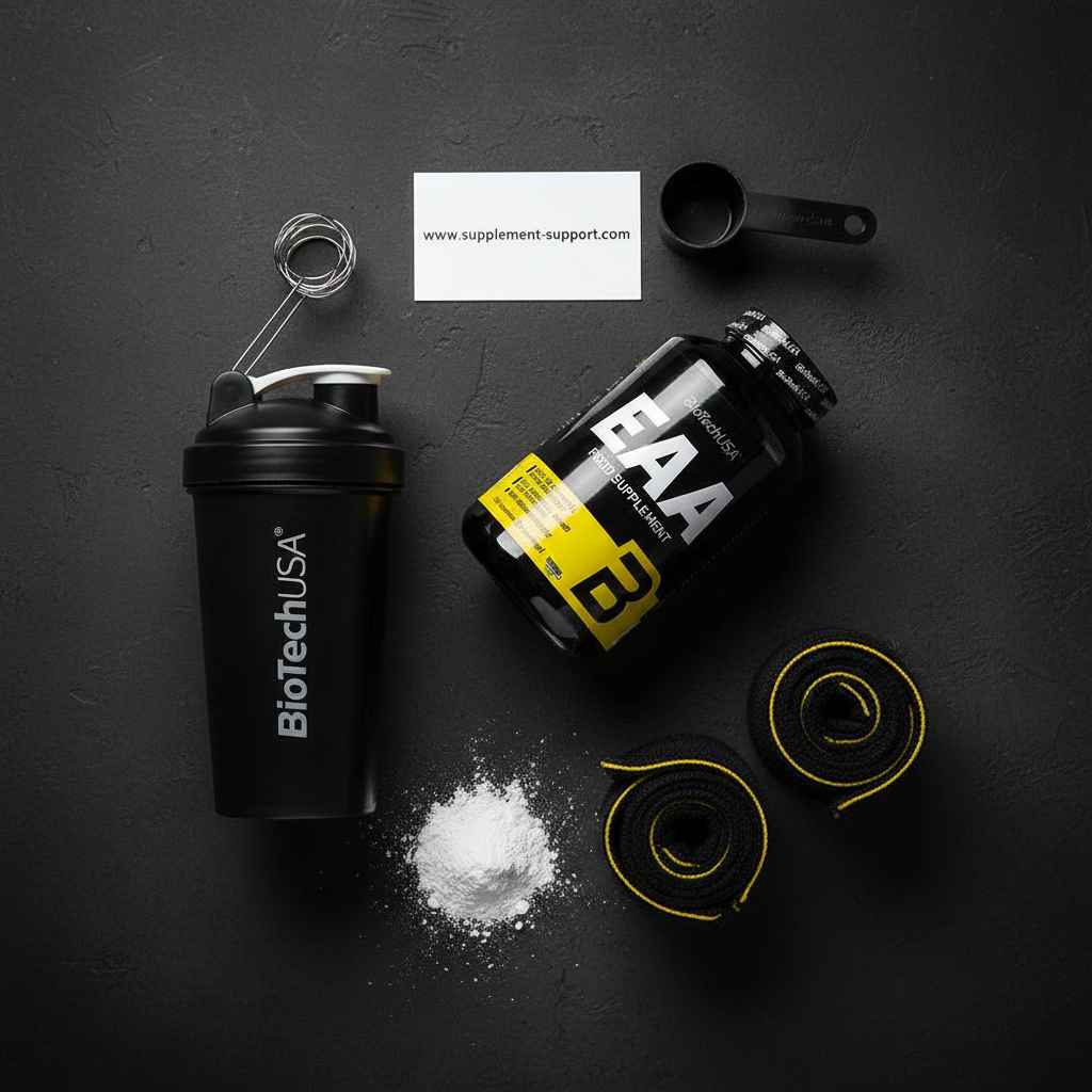 BioTechUSA EAA Supplement mit Shaker, Pulver und Fitnessbändern auf dunklem Hintergrund