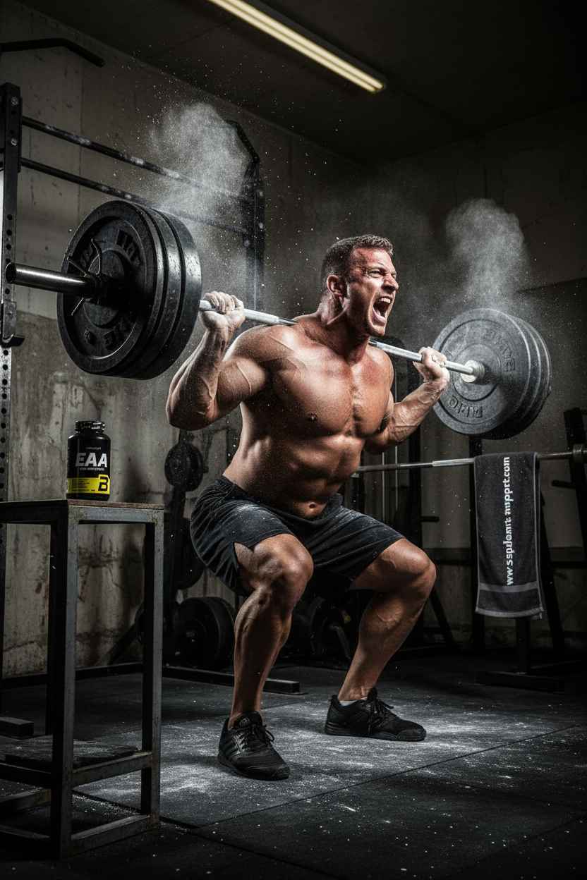 Muskulöser Mann macht Kniebeugen mit einer Hantel im Fitnessstudio mit EAA Supplement.