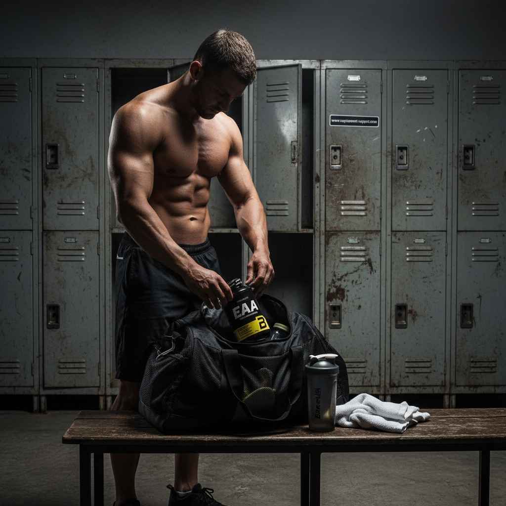 Muskulöser Mann packt EAA Supplement in eine Sporttasche in einer Umkleidekabine.