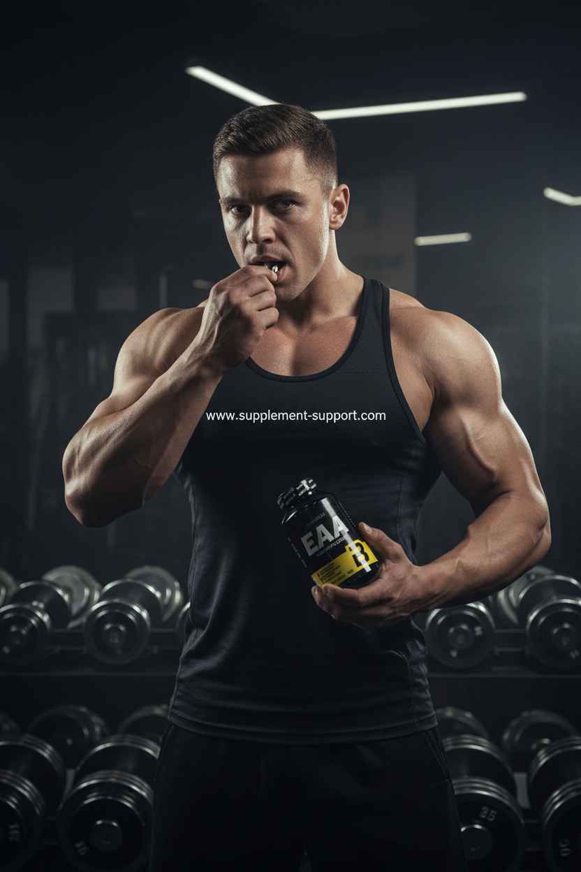 Muskulöser Mann im Fitnessstudio nimmt EAA Nahrungsergänzungsmittel ein.