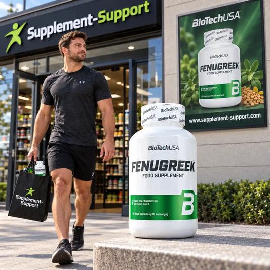 BioTech USA Fenugreek Nahrungsergänzung vor einem Sportnährungsgeschäft mit einem muskulösen Mann.