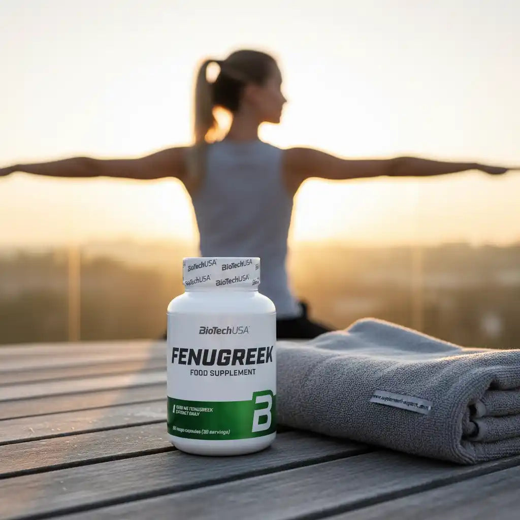 Fenugreek Nahrungsergänzungsmittel von BioTechUSA mit Sportlerin im Hintergrund
