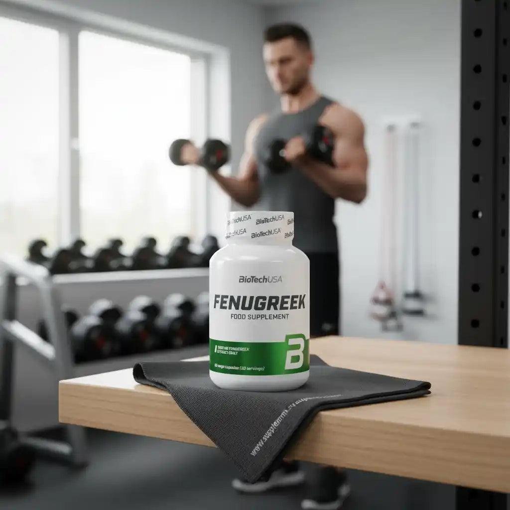 Fenugreek Nahrungsergänzungsmittel von BioTechUSA im Fitnessstudio mit trainierendem Mann im Hintergrund
