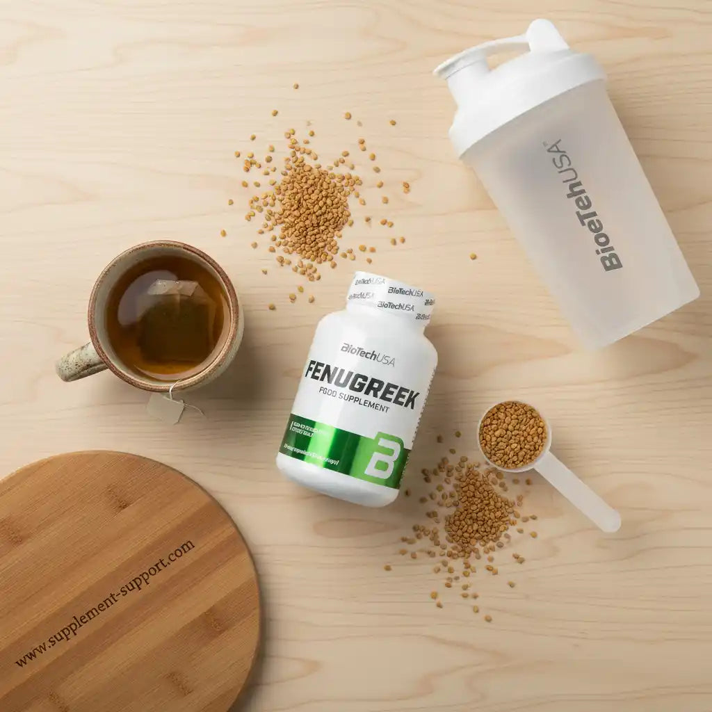 Fenugreek Nahrungsergänzungsmittel mit Shaker und Tee auf Holztisch