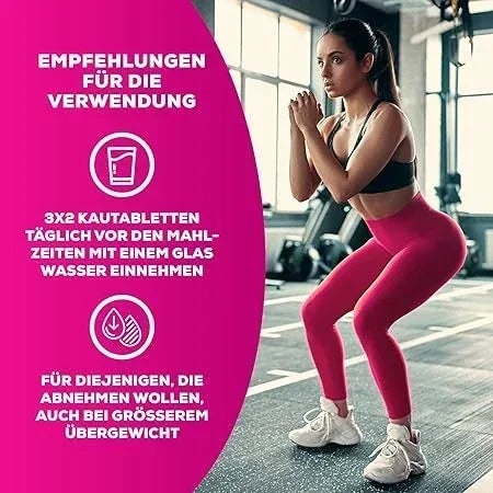Frau beim Squat im Fitnessstudio mit Einnahmeempfehlung für Nahrungsergänzungsmittel