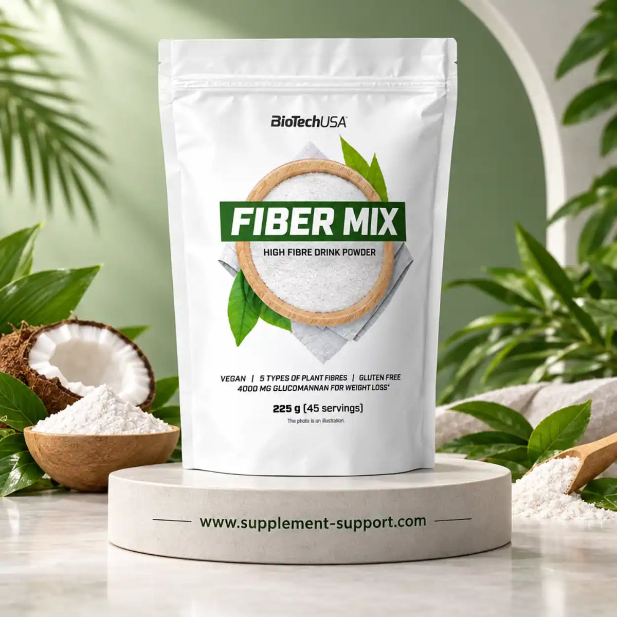BioTech USA Fiber Mix Ballaststoff-Pulver 225g Packung mit Kokosnuss und grünen Blättern