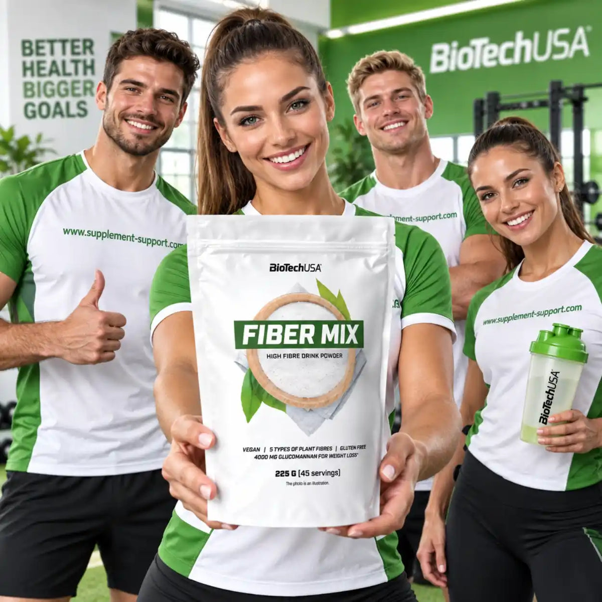 BioTech USA Fiber Mix 225g Ballaststoff-Pulver, gehalten von sportlichen Menschen im Fitnessstudio.