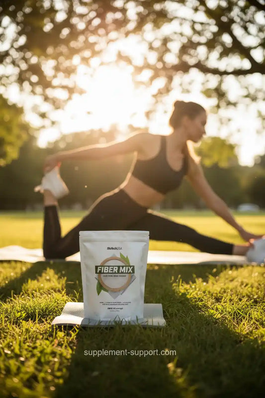 Fiber Mix Nahrungsergänzung im Park mit Sportlerin beim Dehnen