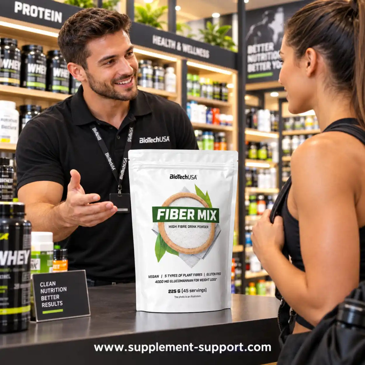 Berater erklärt einer Kundin das BioTech USA Fiber Mix Ballaststoff-Pulver im Supplement-Shop.