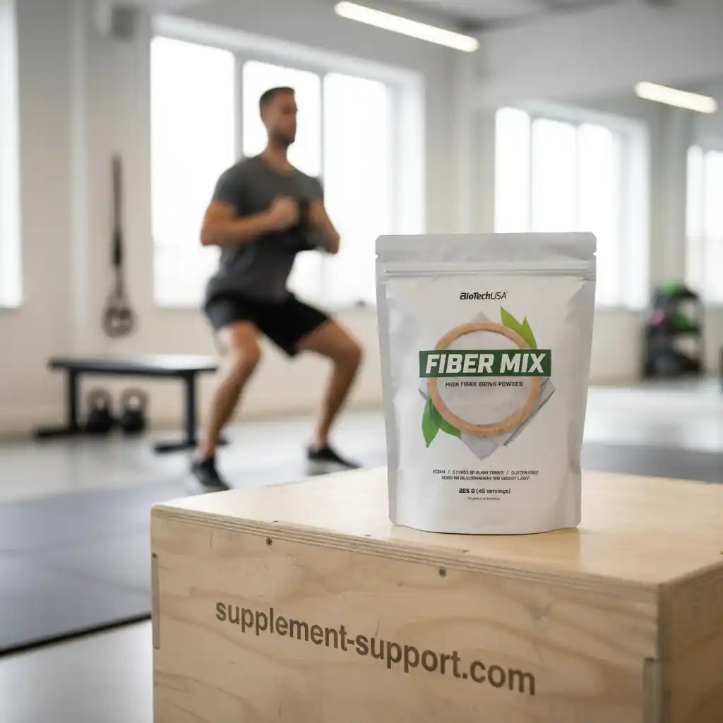 Fiber Mix Ballaststoff-Pulver von BioTechUSA auf Holzkiste im Fitnessstudio mit Sportler im Hintergrund