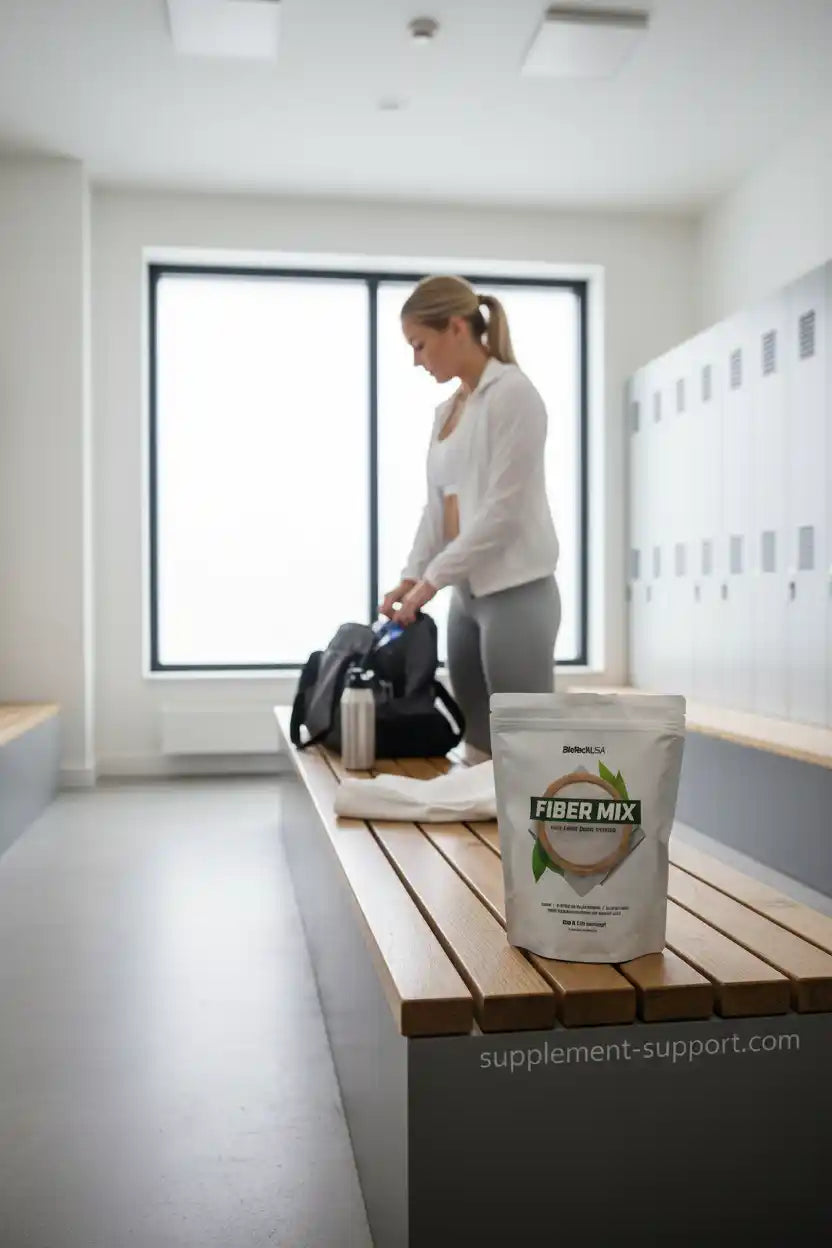 Fiber Mix Nahrungsergänzung auf Holzbank im Fitnessstudio, ideal für Sportler und Fitnessbegeisterte