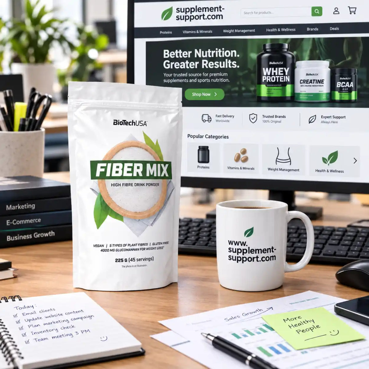 BioTech USA Fiber Mix 225g Ballaststoff-Pulver auf einem Schreibtisch vor einem Monitor.