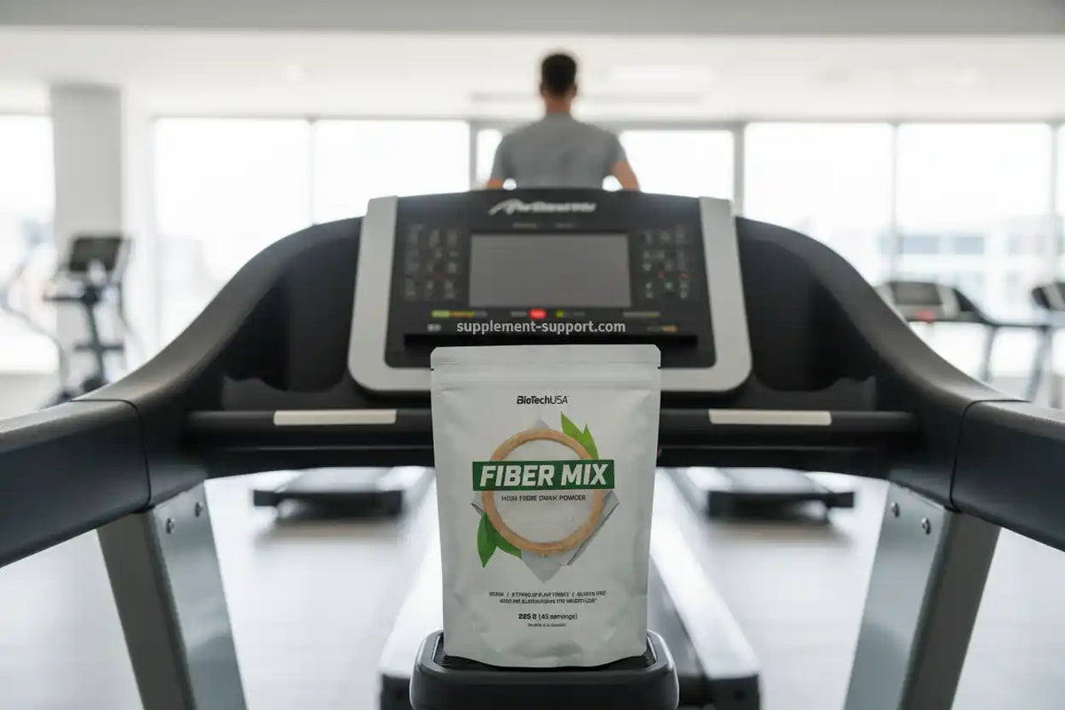 Fiber Mix High Fiber Drink Powder von BiotechUSA auf Laufband im Fitnessstudio, ideal für Sportler und Fitness