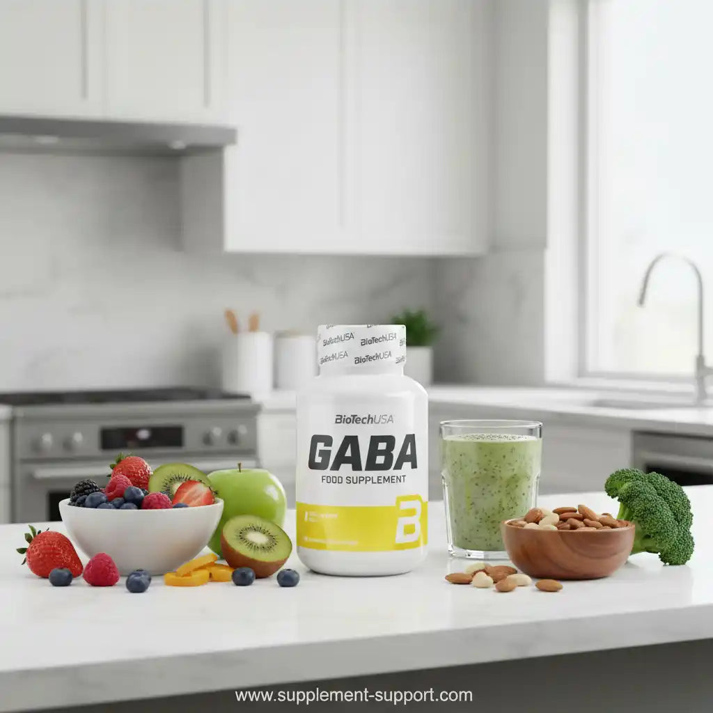 BioTechUSA GABA Nahrungsergänzungsmittel mit Obst, Nüssen und grünem Smoothie in moderner Küche