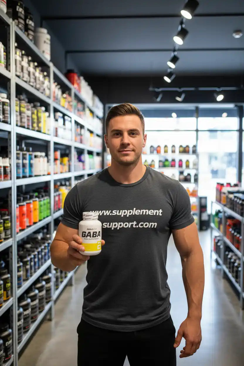 Muskulöser Mann hält GABA-Supplement in Sportnahrungsgeschäft