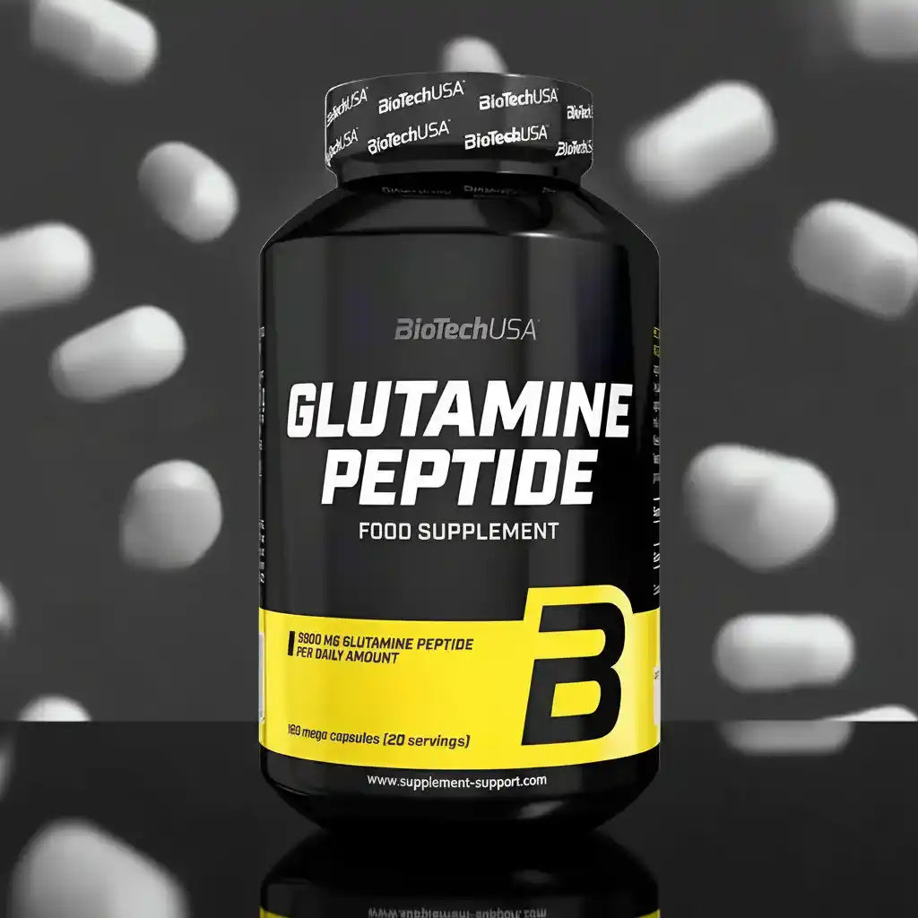 BiotechUSA Glutamine Peptide Nahrungsergänzungsmittel in einer schwarzen Dose